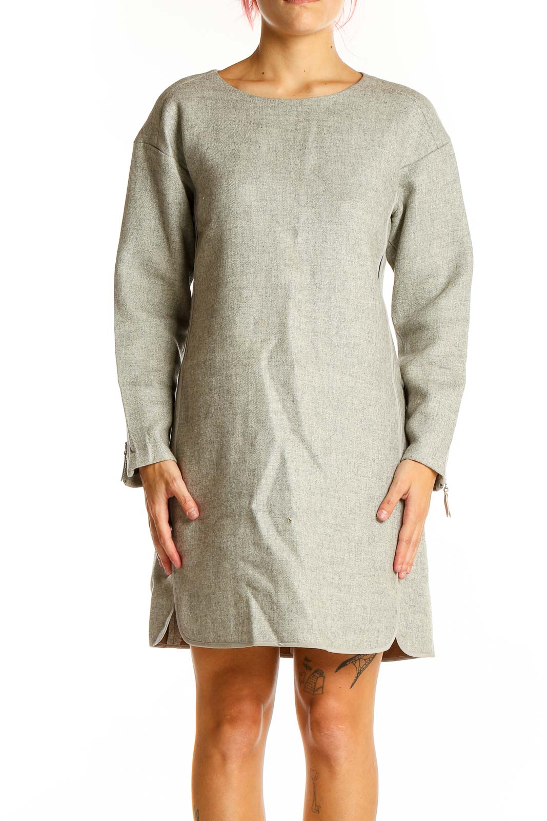 Front view of Rebecca Taylor gray wool blend long sleeve shift dress