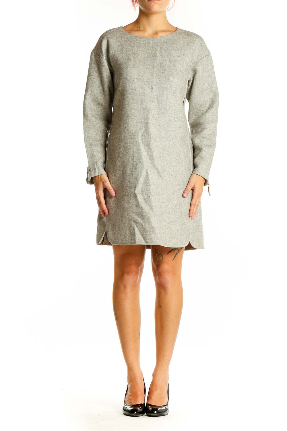 Front view of Rebecca Taylor gray wool blend long sleeve shift dress