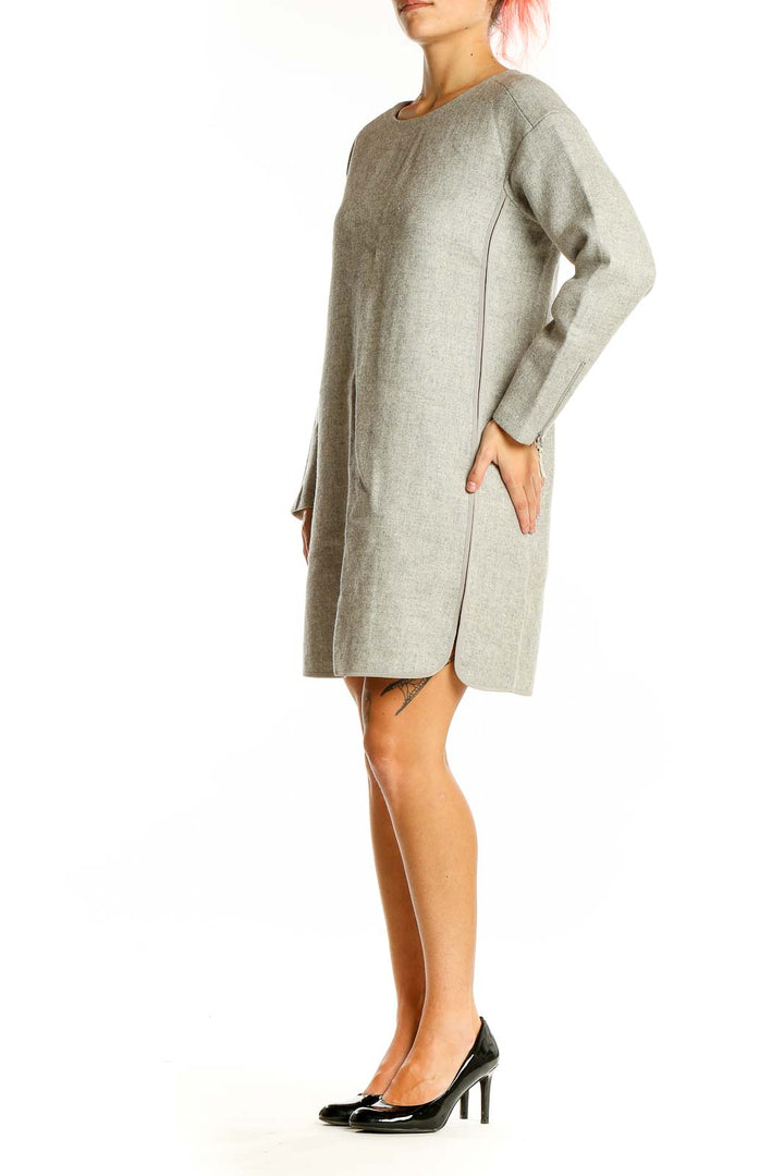 Front view of Rebecca Taylor gray wool blend long sleeve shift dress