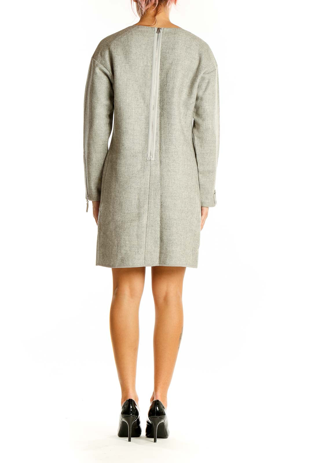 Back view of Rebecca Taylor gray wool blend shift dress with zipper closure