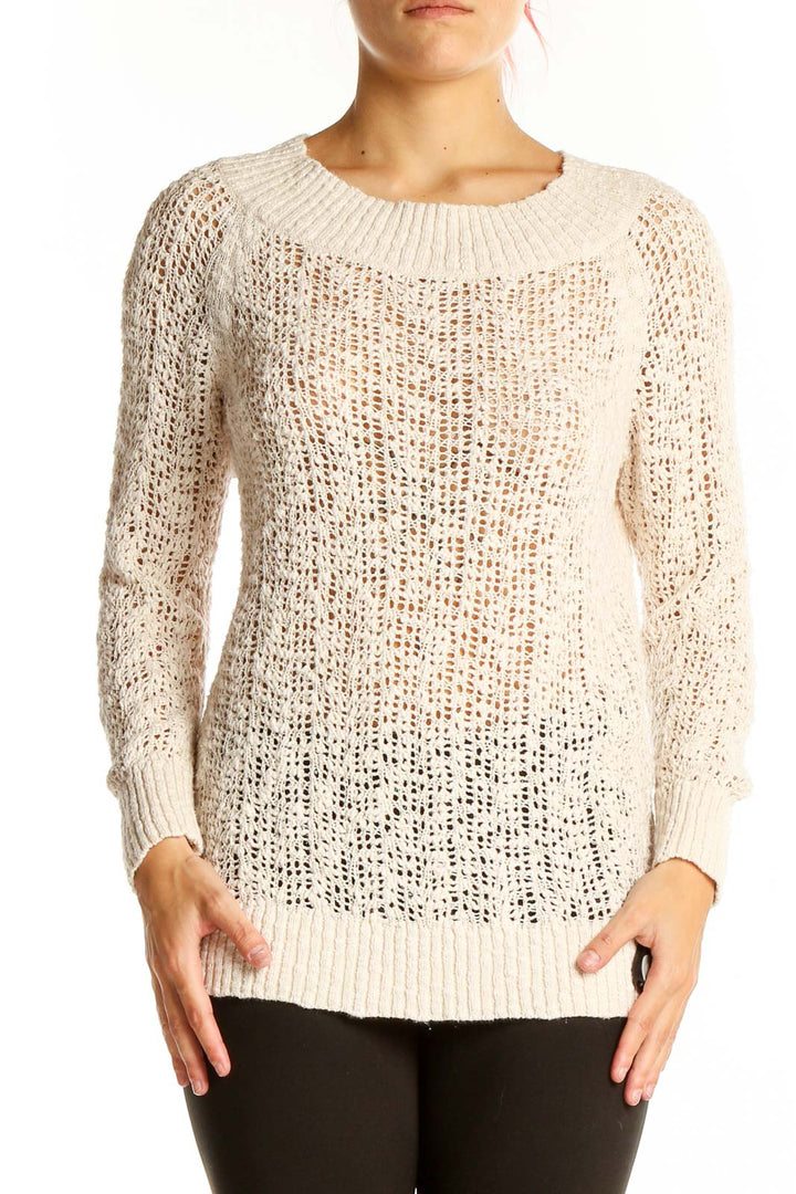 Front view of cream open knit sweater from LOFT Outlet