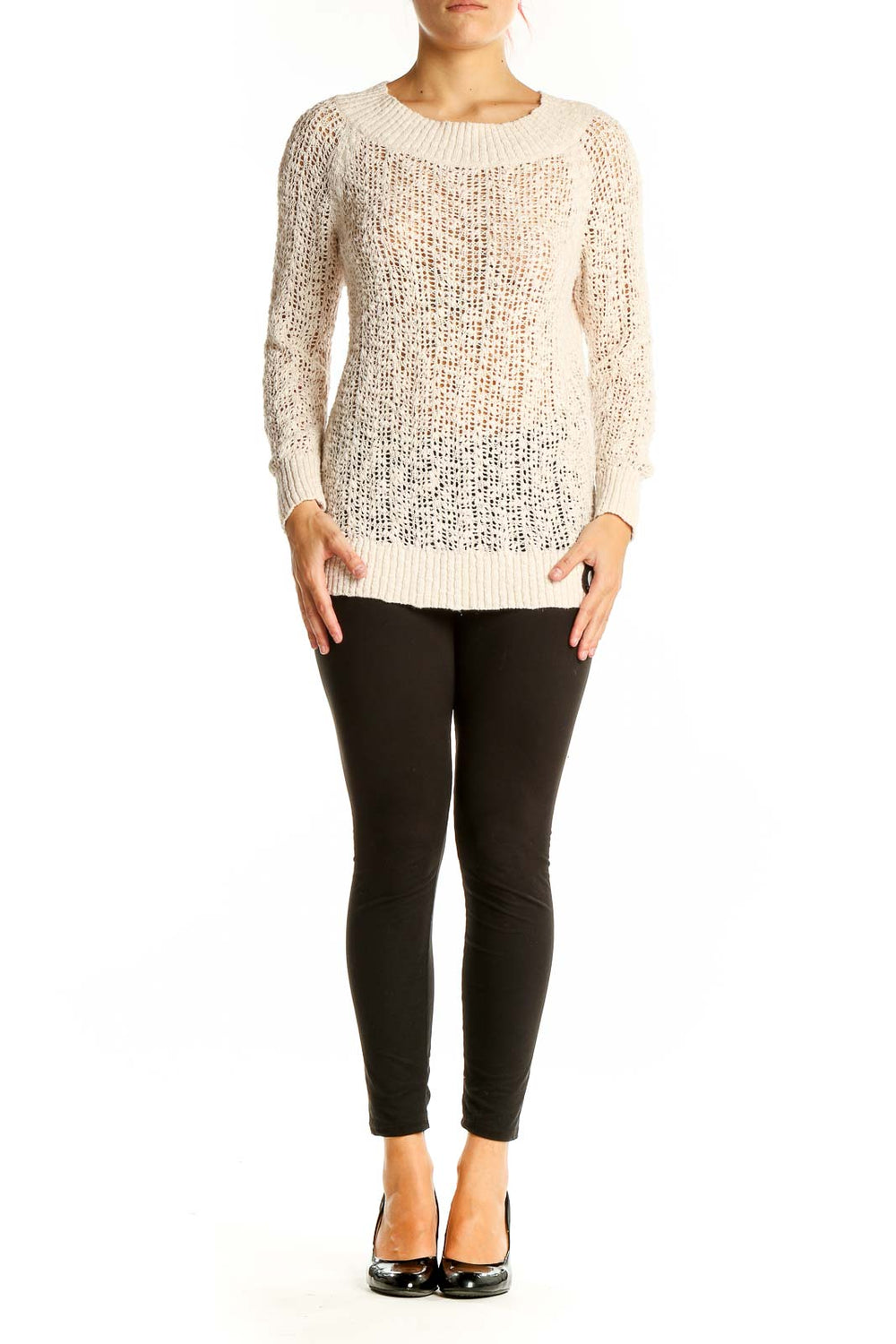 Front view of cream open knit sweater from LOFT Outlet