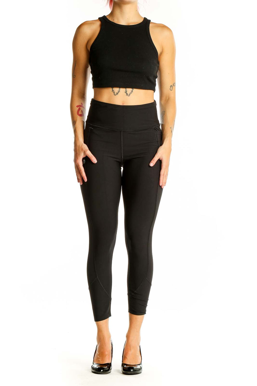 Front view of black high-waisted cropped activewear leggings from Victoria's Secret