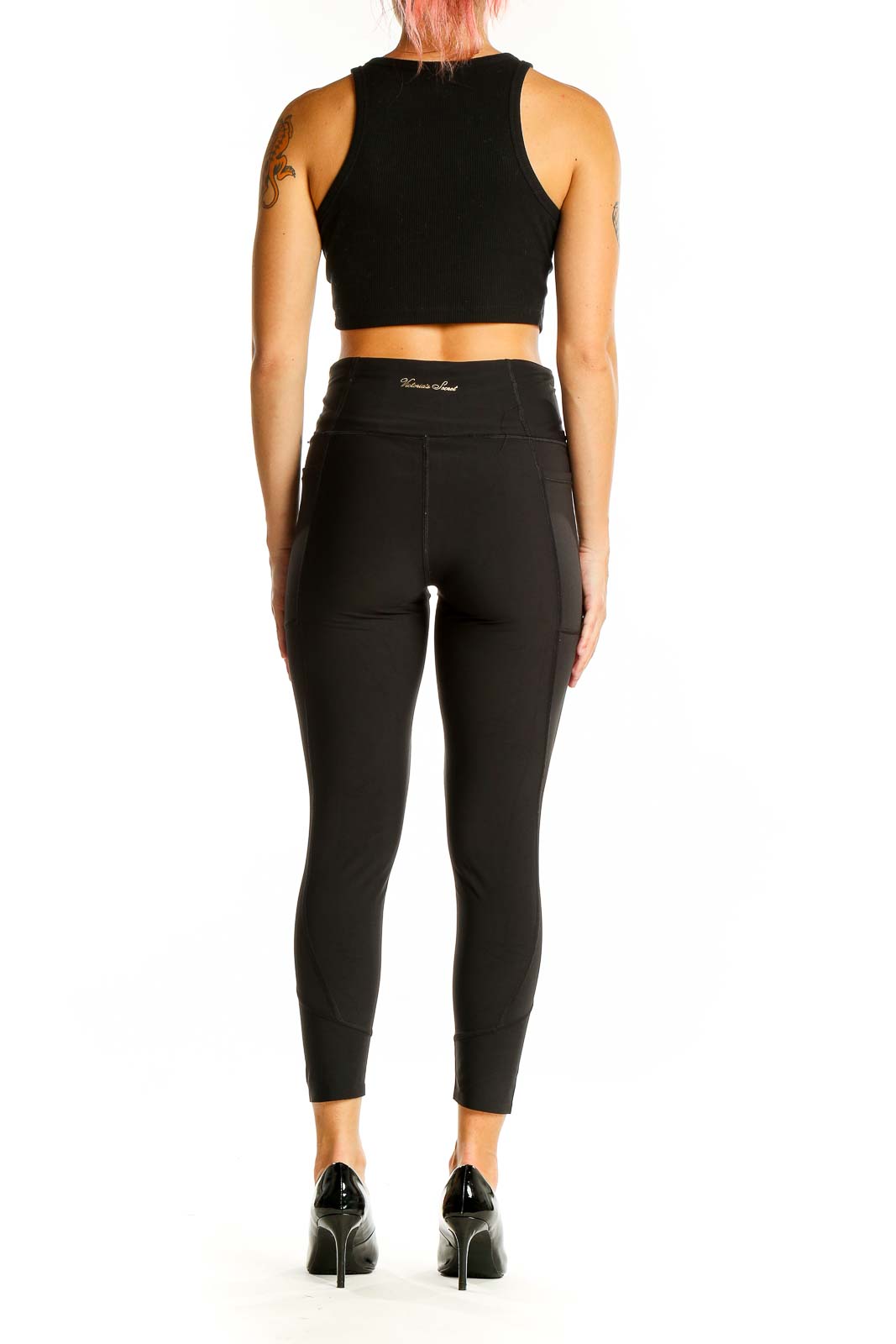 Back view of black high-waisted cropped activewear leggings from Victoria's Secret