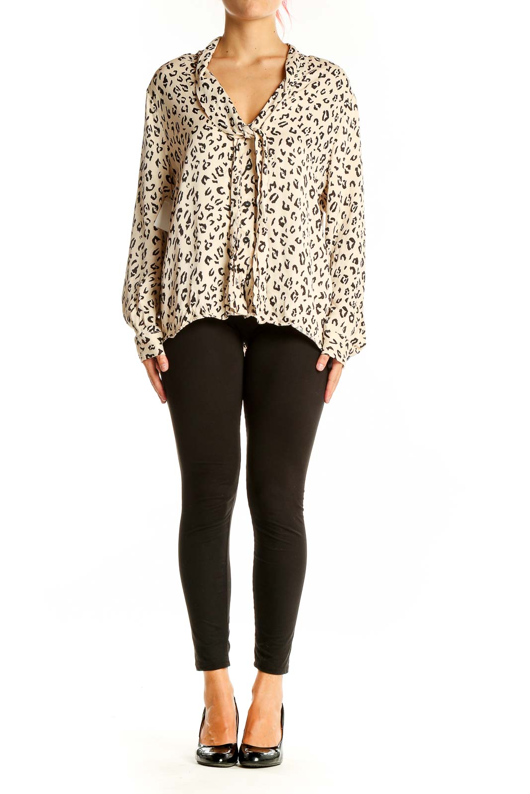 Front view of Zara beige leopard print tie-front blouse