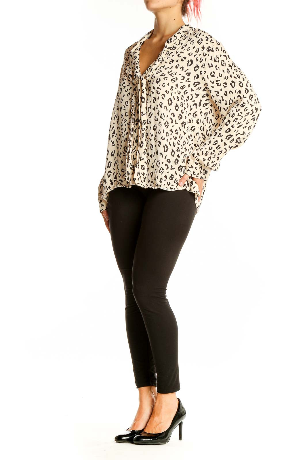 Front view of Zara beige leopard print tie-front blouse