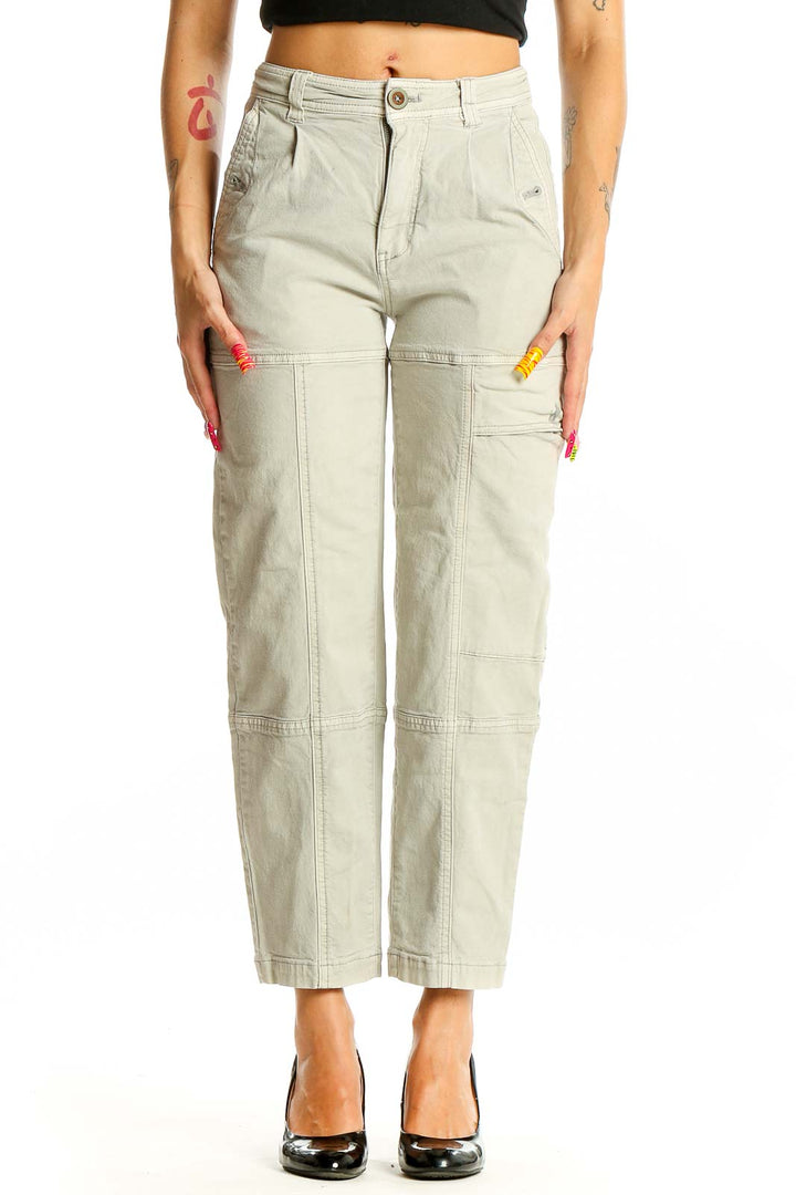 Front view of Anthropologie beige high-waisted cargo pants