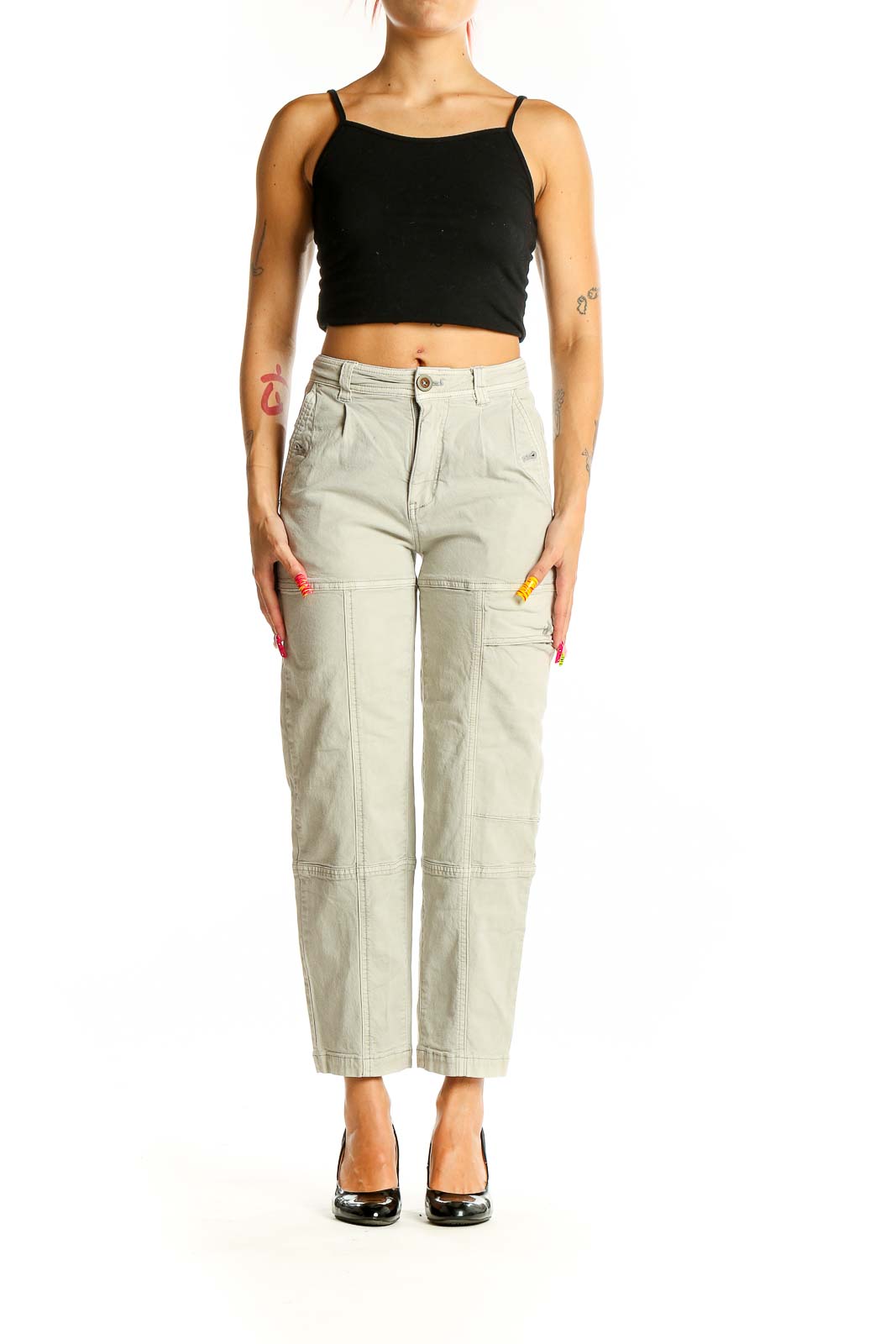 Front view of Anthropologie beige high-waisted cargo pants