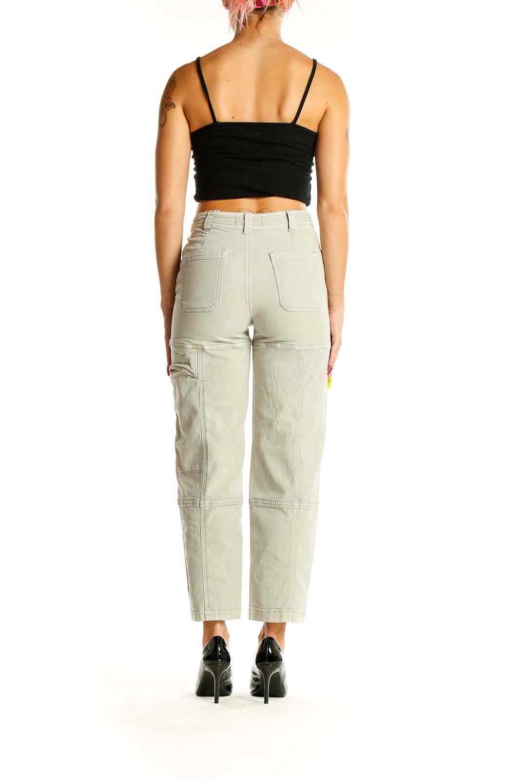 Back view of Anthropologie beige high-waisted cargo pants