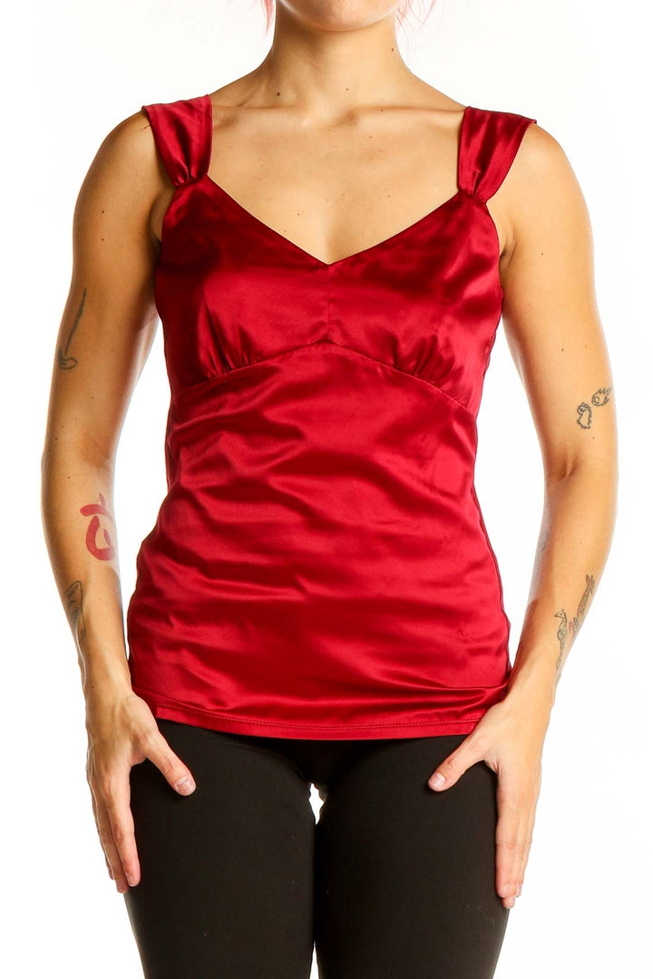 Front view of Ann Taylor red satin sleeveless blouse with sweetheart neckline