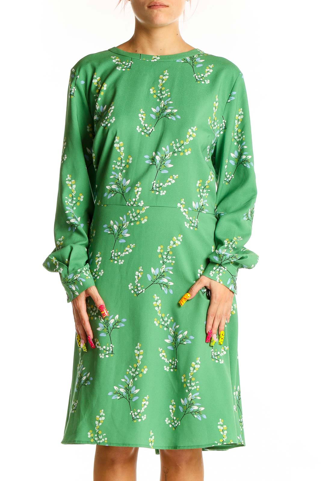 Front view of LOFT green floral long sleeve midi dress