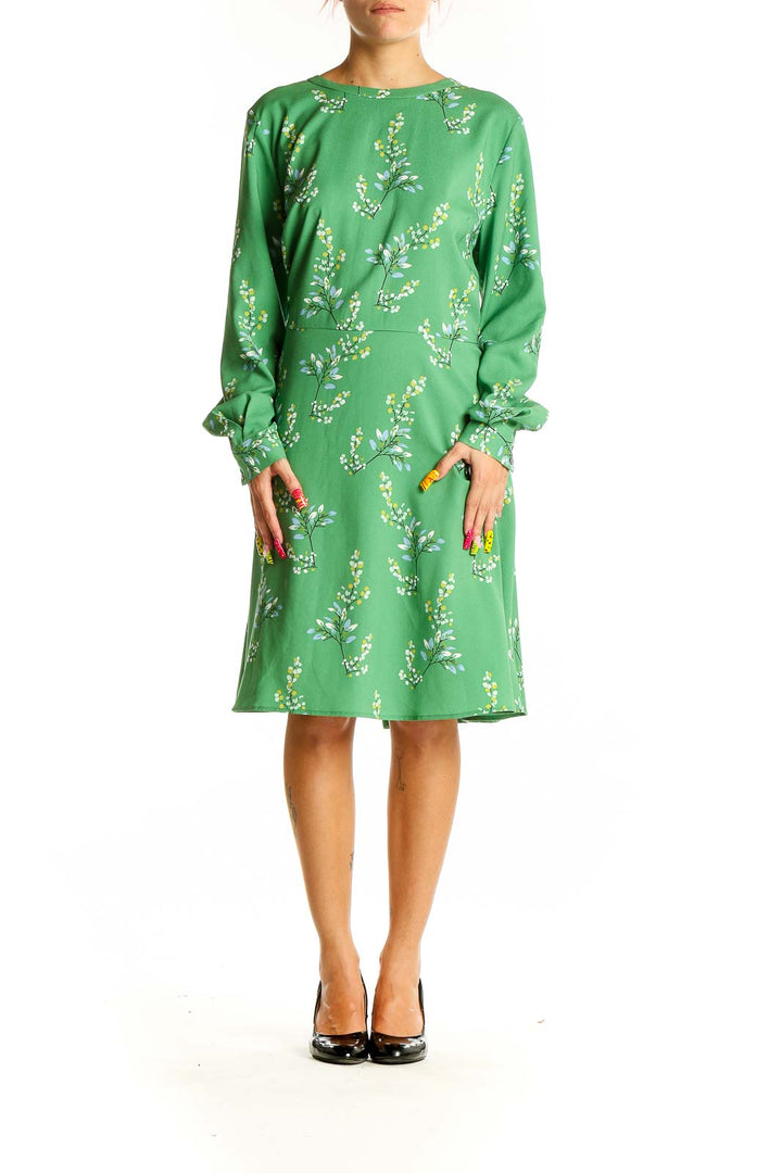 Front view of LOFT green floral long sleeve midi dress