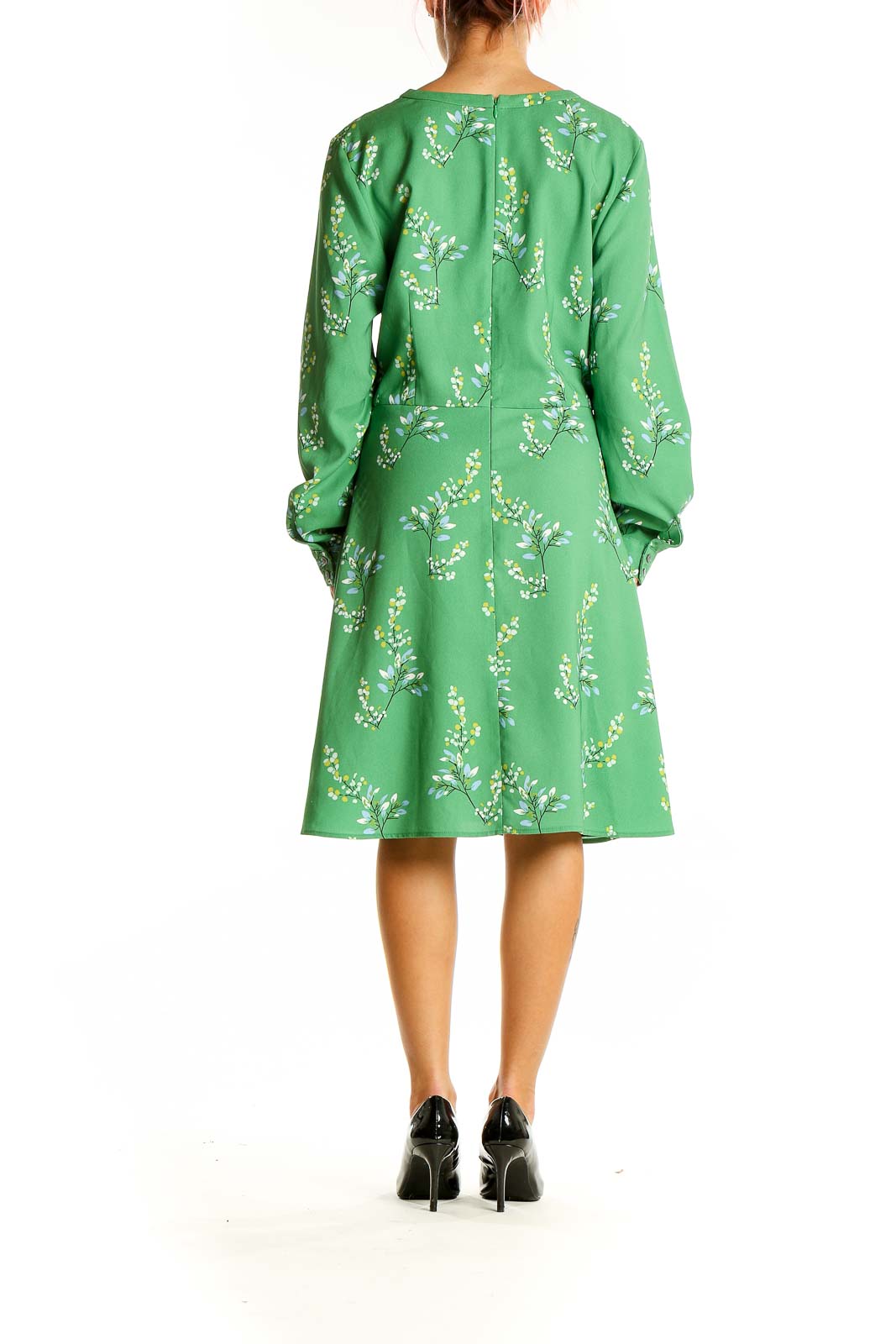 LOFT Green Floral Long Sleeve Midi Dress