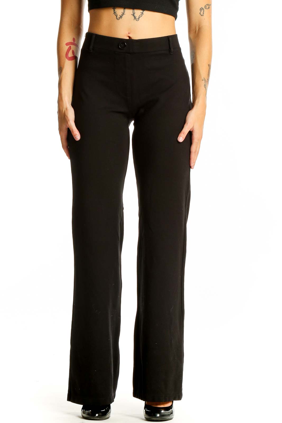 Front view of Betabrand black wide-leg dress pants on model