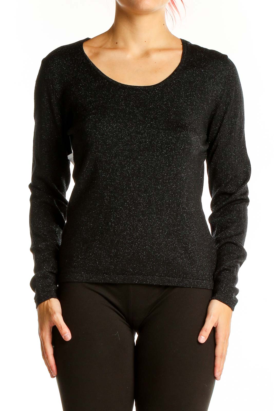 Front view of Ann Taylor black sparkly long-sleeve knit top