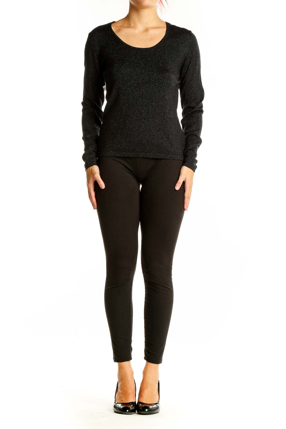 Front view of Ann Taylor black sparkly long-sleeve knit top