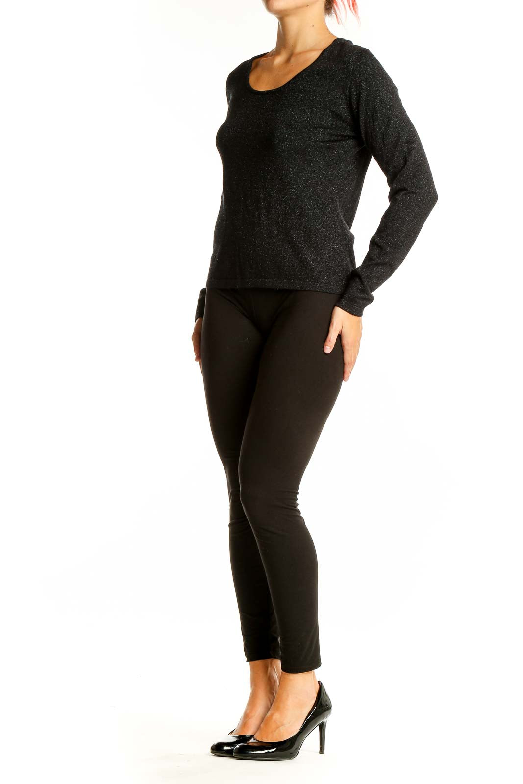 Front view of Ann Taylor black sparkly long-sleeve knit top