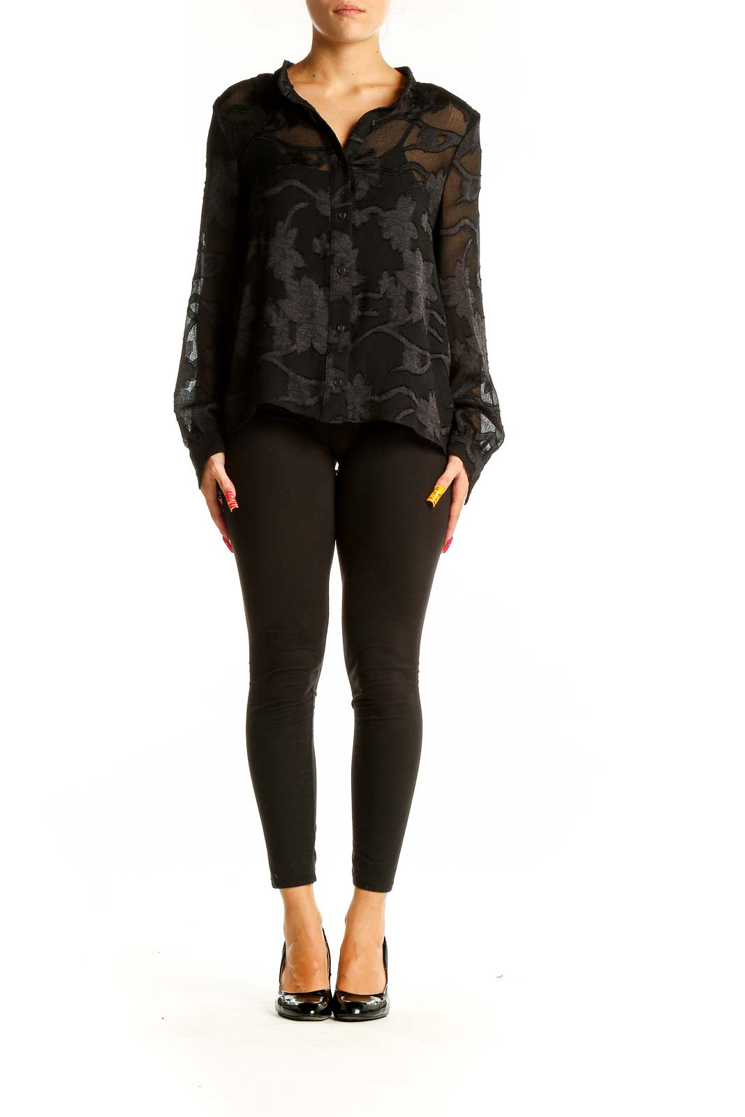 Front view of Amadi black sheer floral button-up blouse