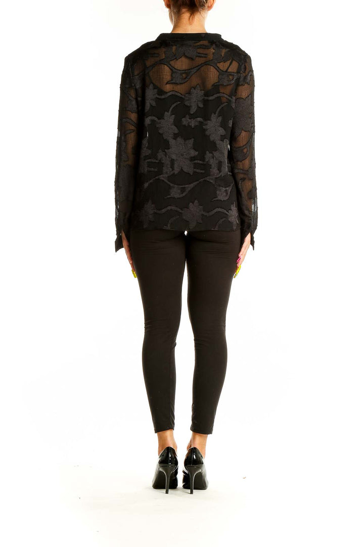 Back view of Amadi black sheer floral button-up blouse