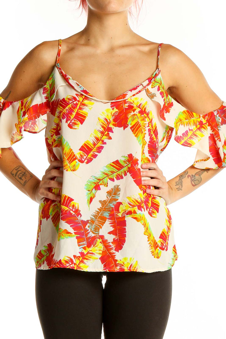 Front view of Collective Concepts Tropical Floral Cold-Shoulder Camisole with red, yellow, and green palm leaf print