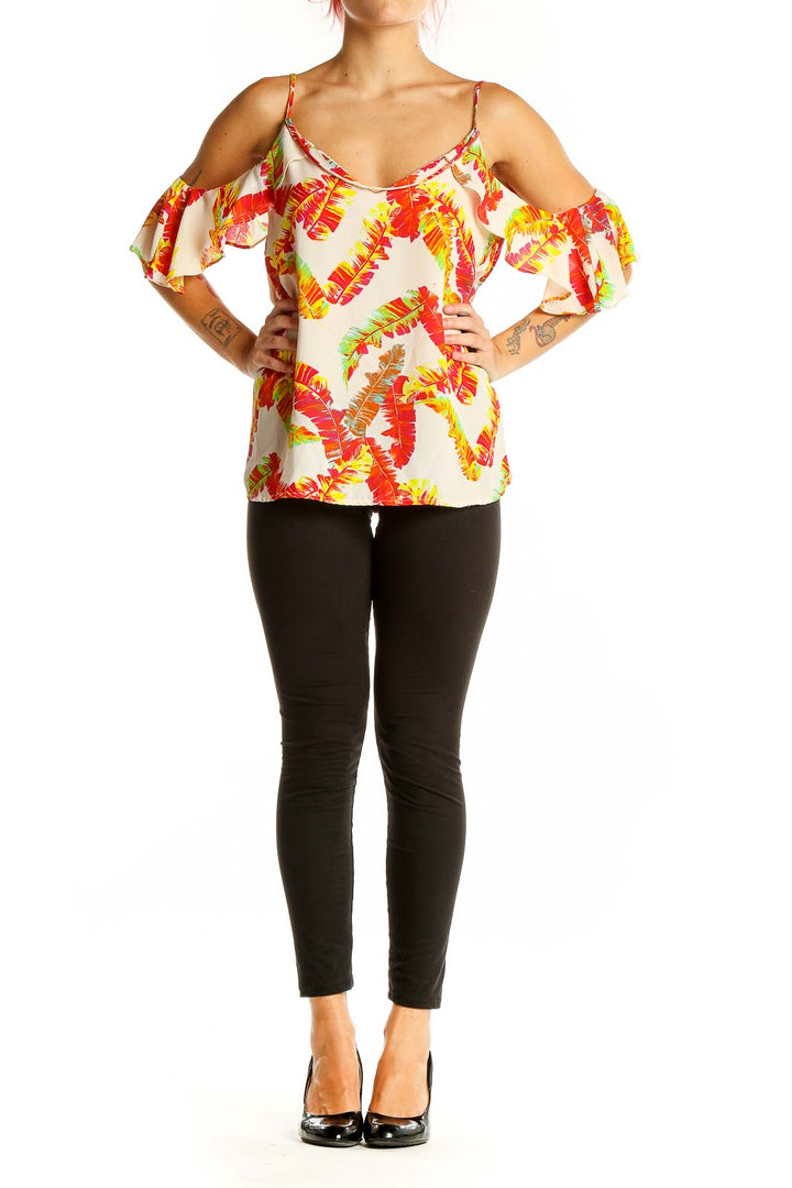 Front view of Collective Concepts Tropical Floral Cold-Shoulder Camisole with red, yellow, and green palm leaf print