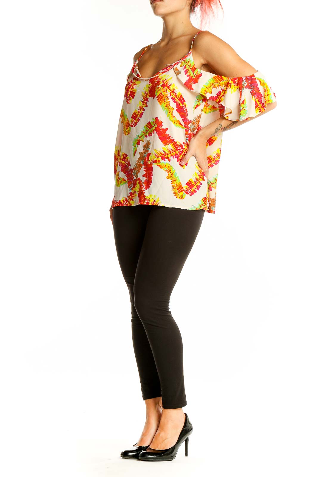 Front view of Collective Concepts Tropical Floral Cold-Shoulder Camisole with red, yellow, and green palm leaf print