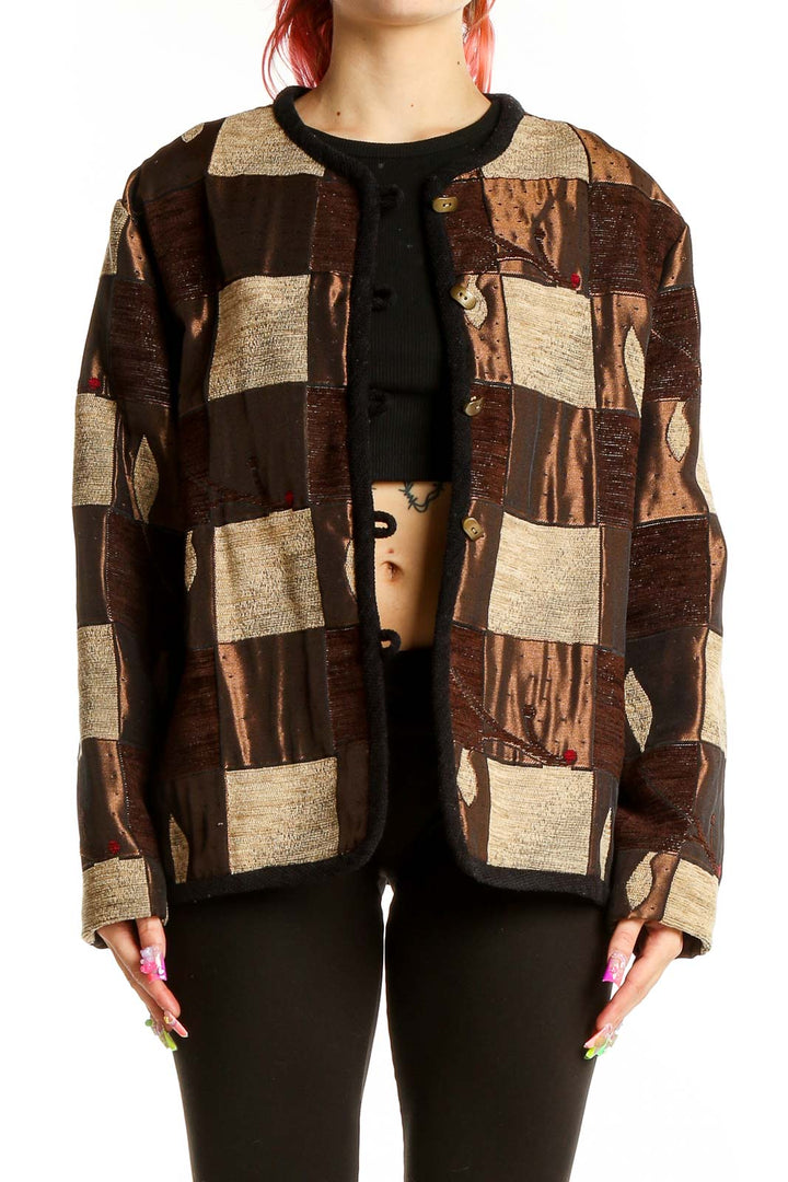 Front view of SilkRoll Brown Patchwork Button-Up Jacket with geometric square pattern