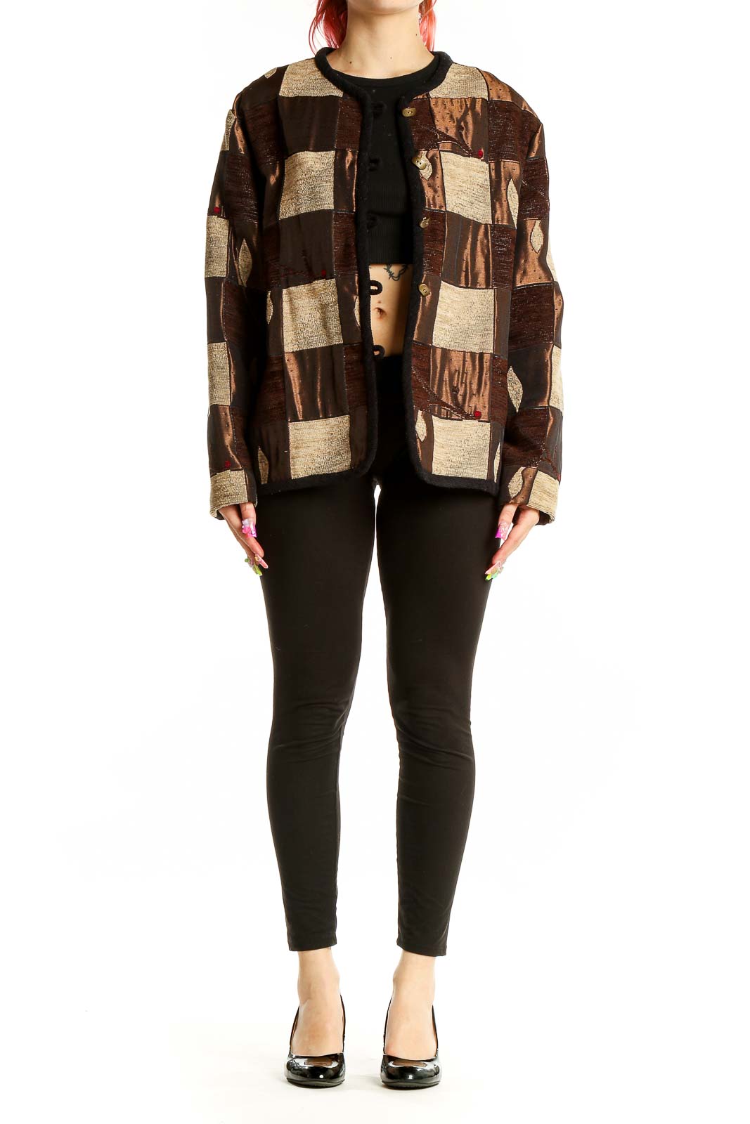 Front view of SilkRoll Brown Patchwork Button-Up Jacket with geometric square pattern