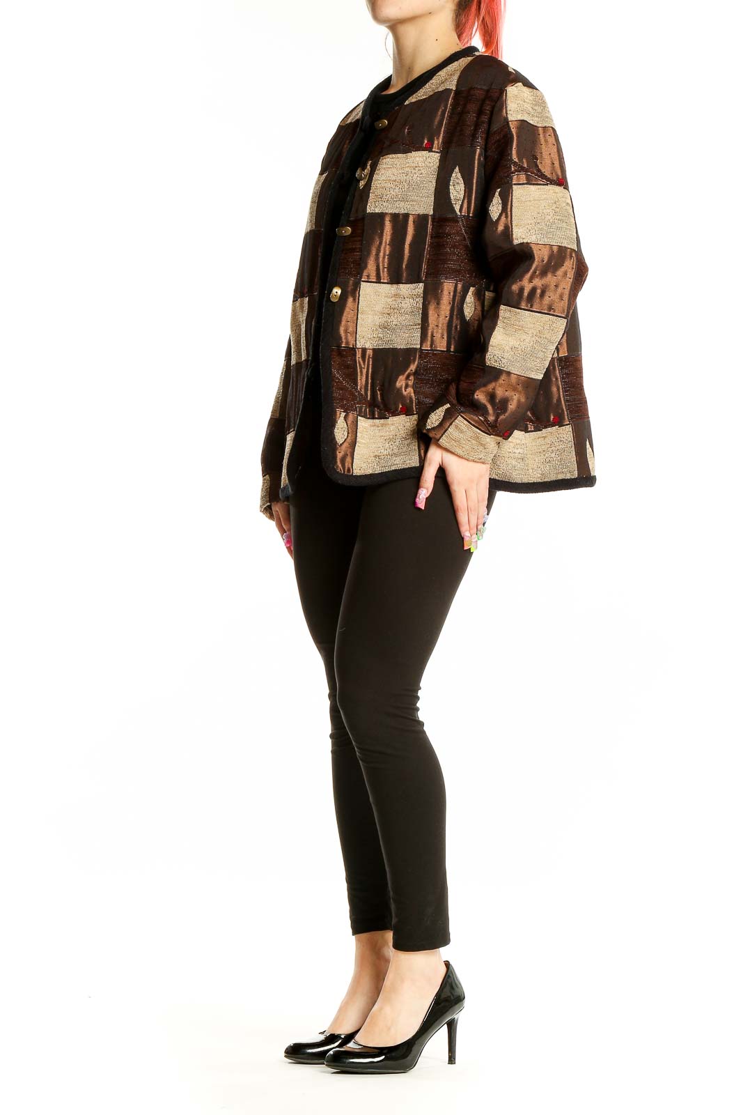 Front view of SilkRoll Brown Patchwork Button-Up Jacket with geometric square pattern