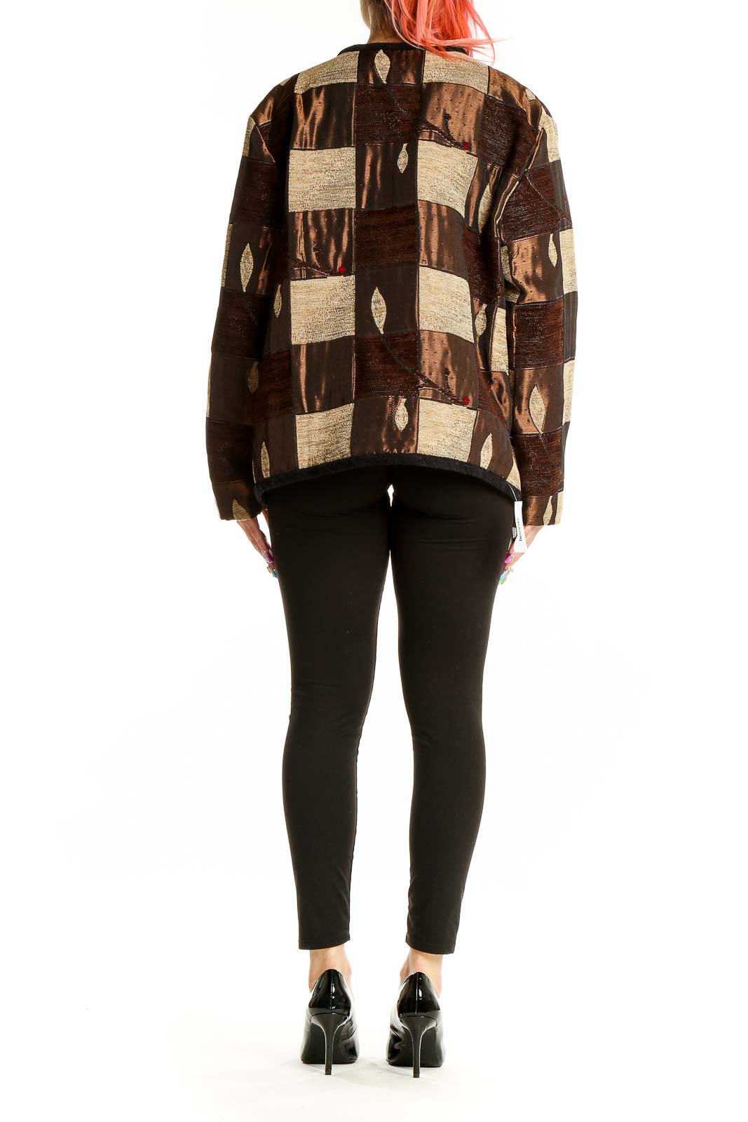 Back view of SilkRoll Brown Patchwork Button-Up Jacket showing full geometric design