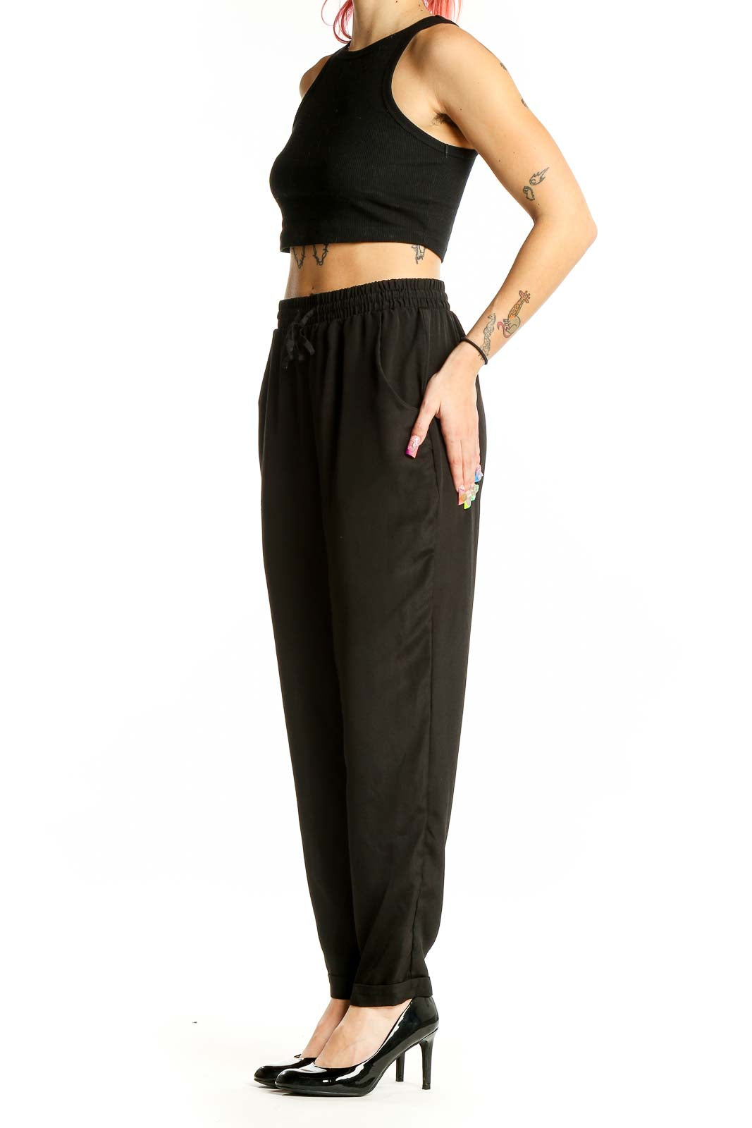 Front view of Olive & Oak black polyester pants with drawstring waist