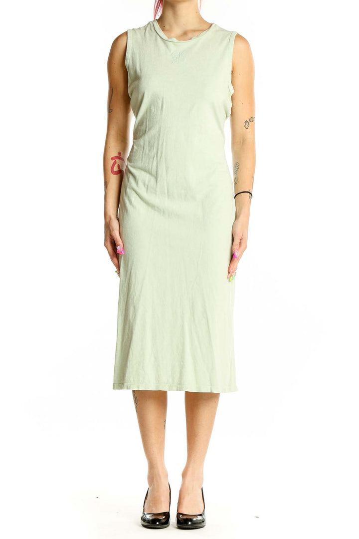 Front view of Calvin Klein mint green sleeveless cotton midi dress