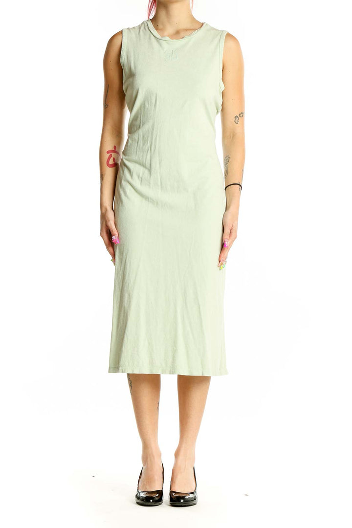 Front view of Calvin Klein mint green sleeveless cotton midi dress