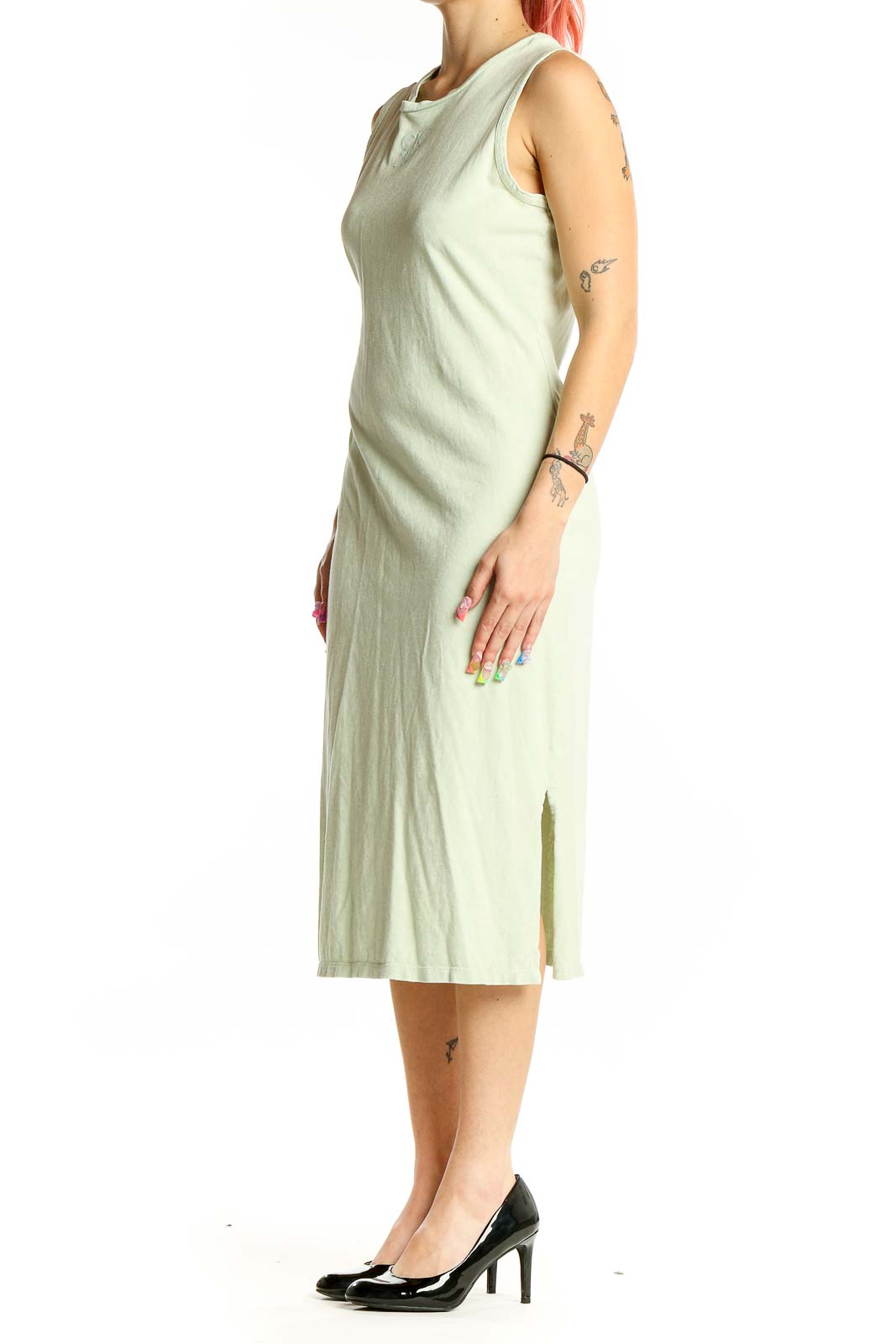 Front view of Calvin Klein mint green sleeveless cotton midi dress