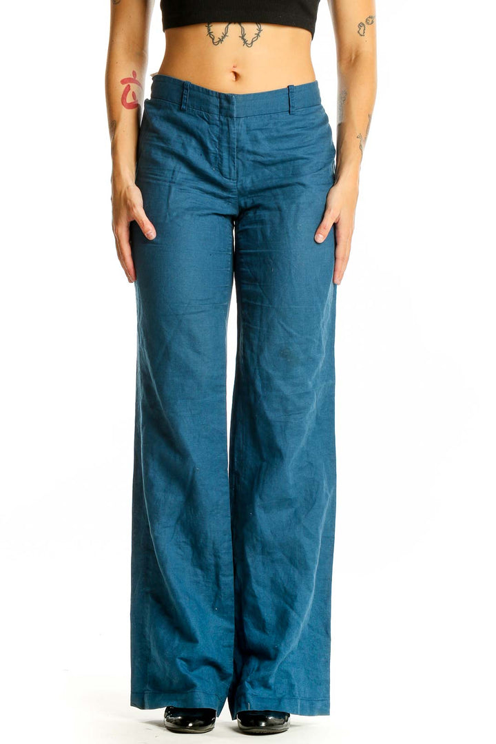 Front view of BCBG MaxAzria teal wide-leg pants with high-rise waist