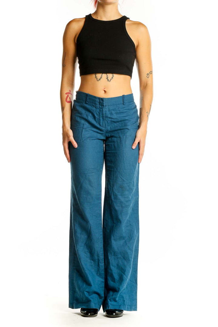 Front view of BCBG MaxAzria teal wide-leg pants with high-rise waist