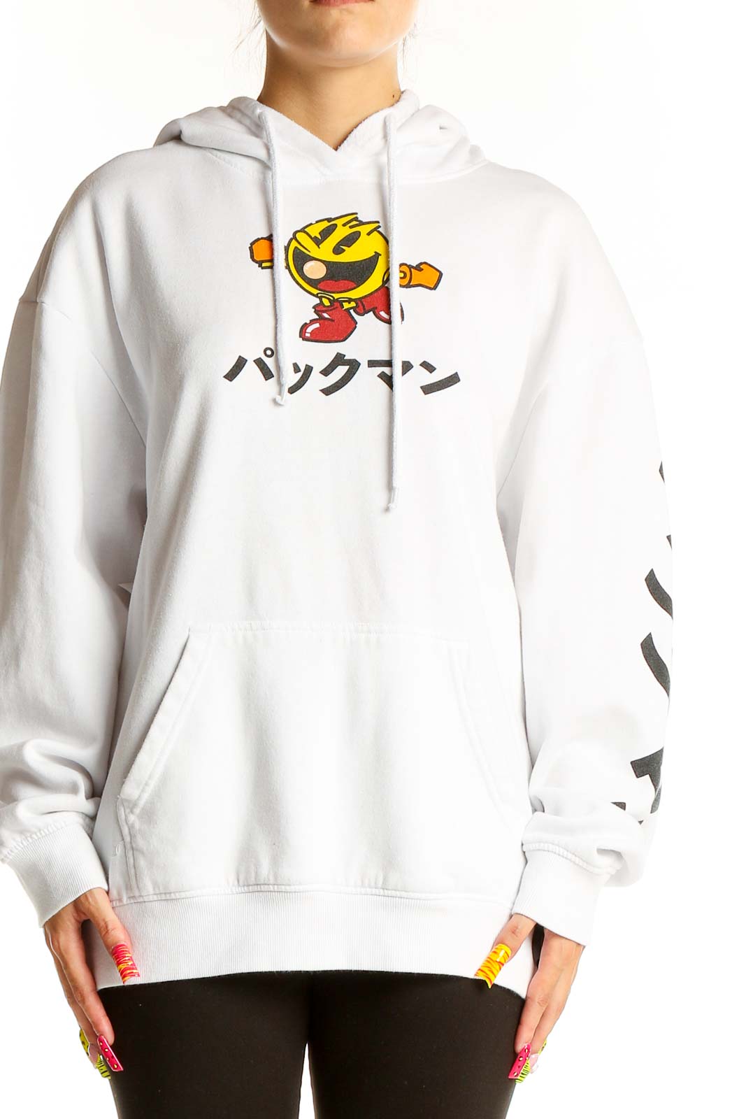 White hoodie with PAC-MAN character graphic on front