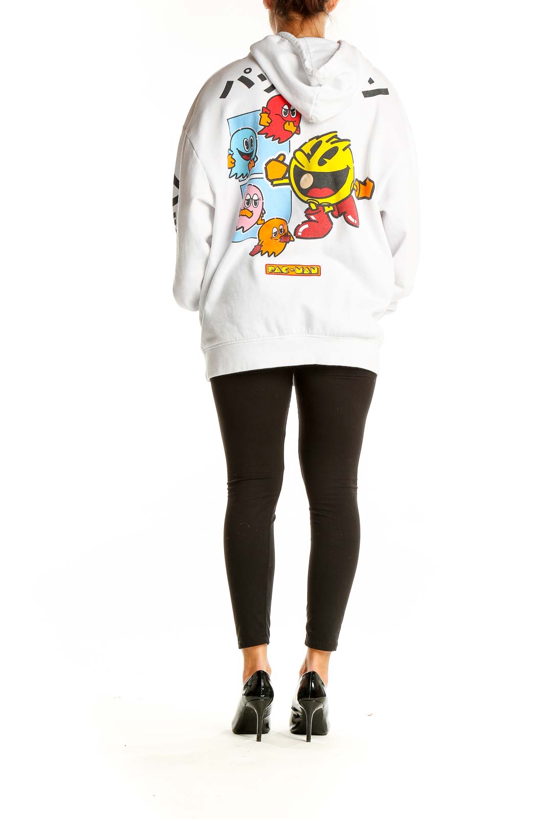 Back of white hoodie with PAC-MAN and ghost characters graphic