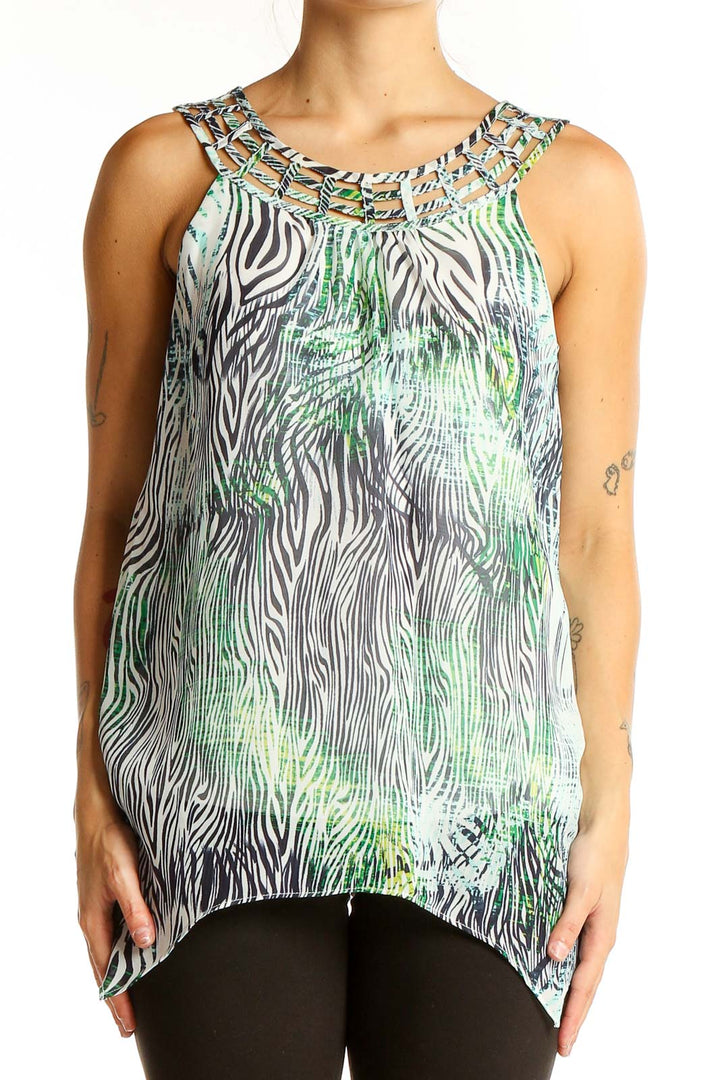 Front view of ALYX green and gray zebra print sleeveless top with beaded neckline