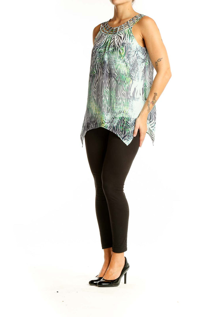 Front view of ALYX green and gray zebra print sleeveless top with beaded neckline