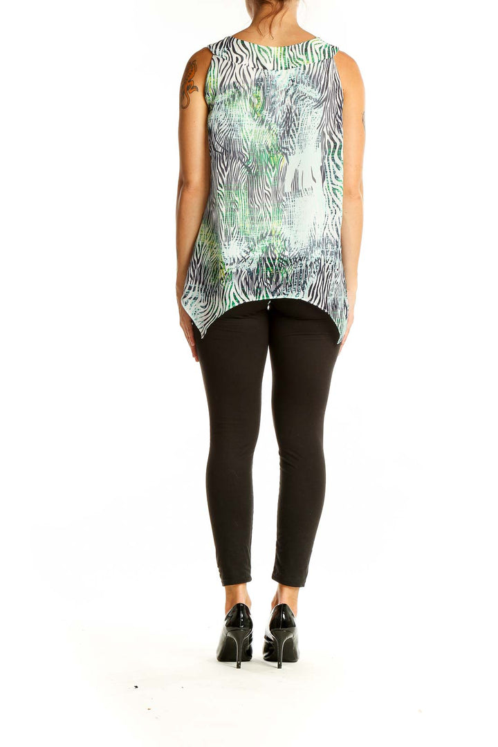 Back view of ALYX green and gray zebra print sleeveless top showing longer hem