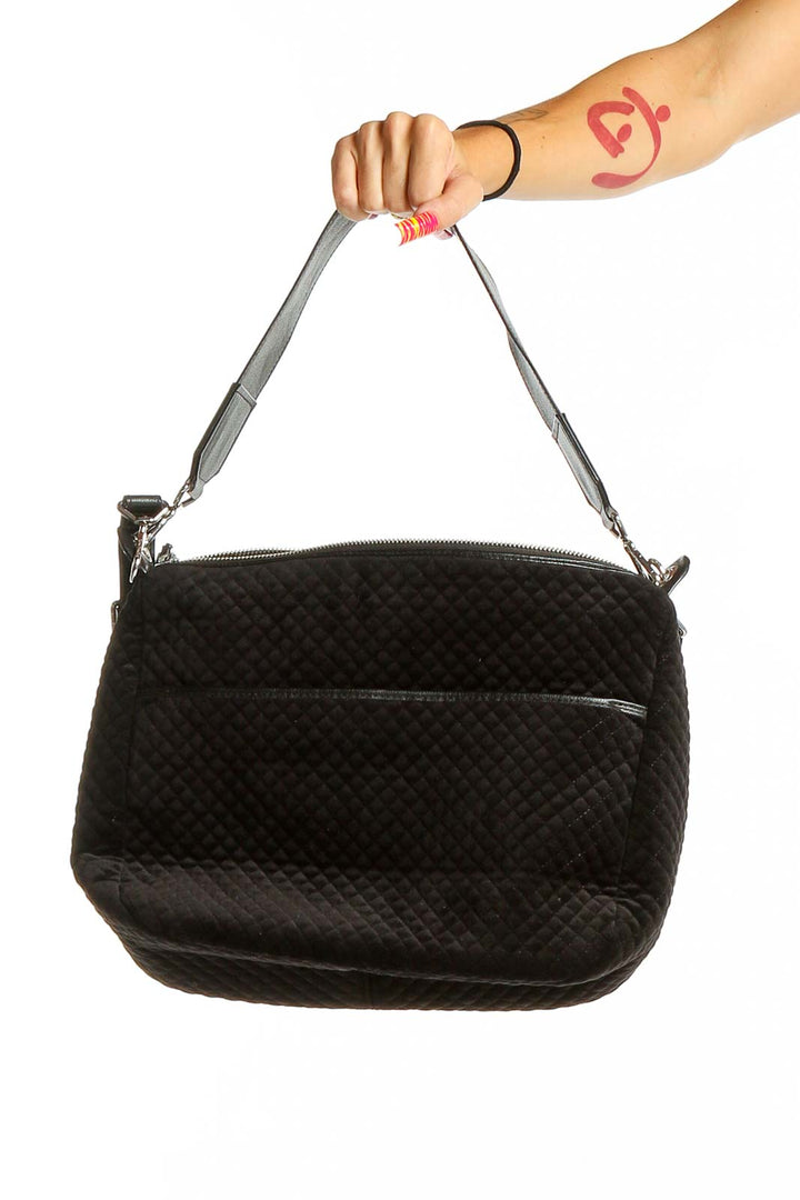 Front view of black quilted Vera Bradley crossbody bag