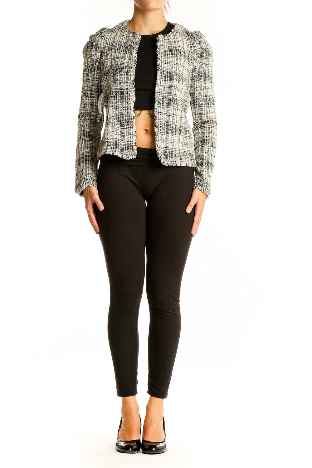 Front view of Saylor black and white plaid tweed cropped jacket