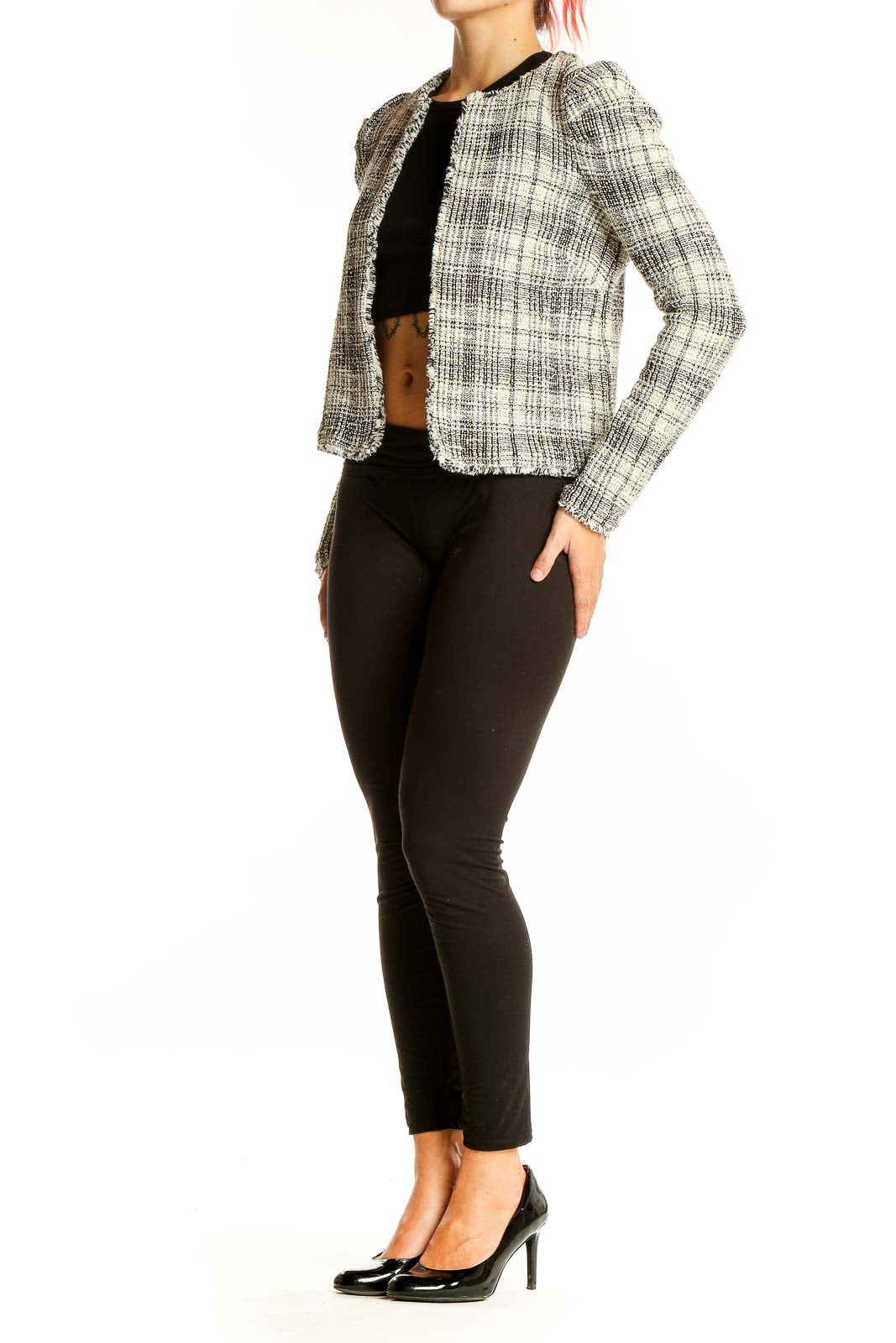 Front view of Saylor black and white plaid tweed cropped jacket