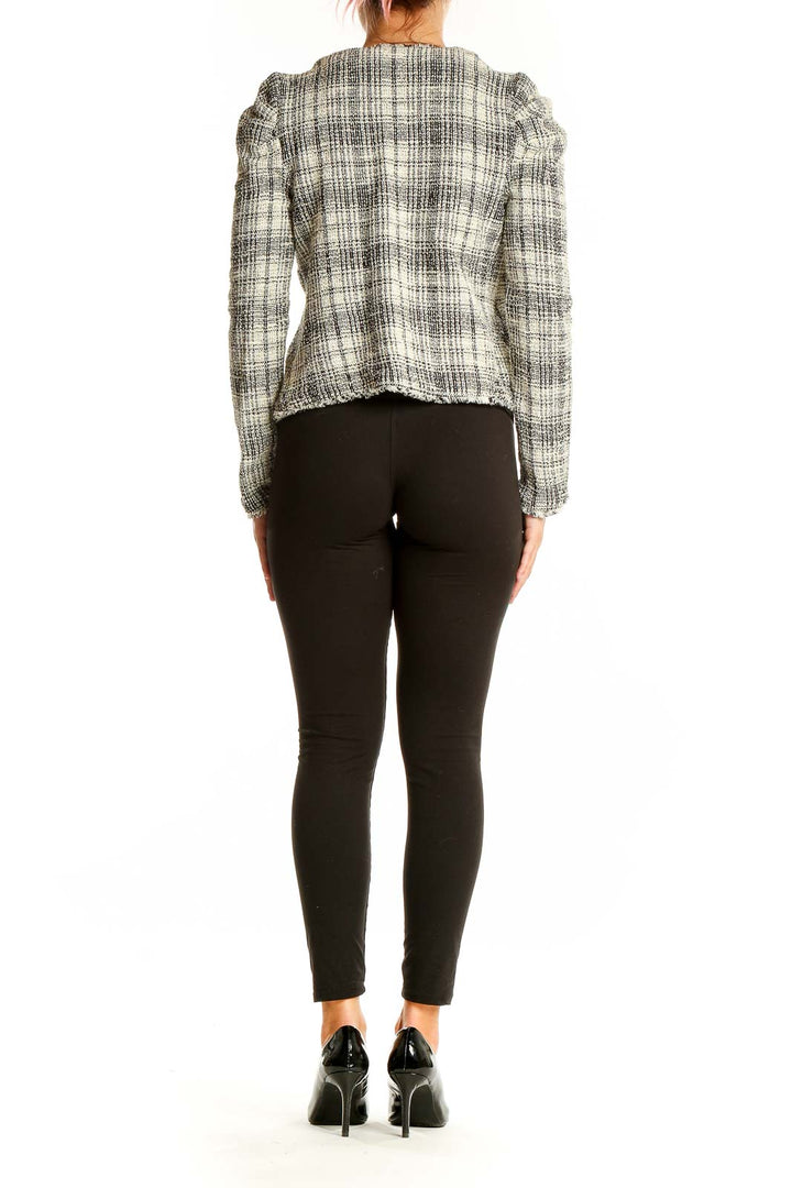 Back view of Saylor black and white plaid tweed cropped jacket