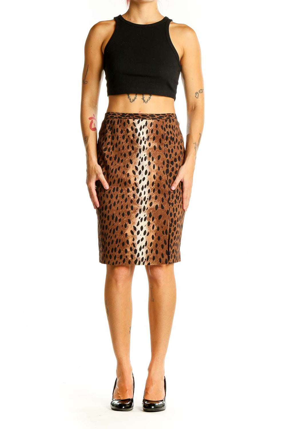 Front view of MICHAEL Michael Kors brown leopard print pencil skirt