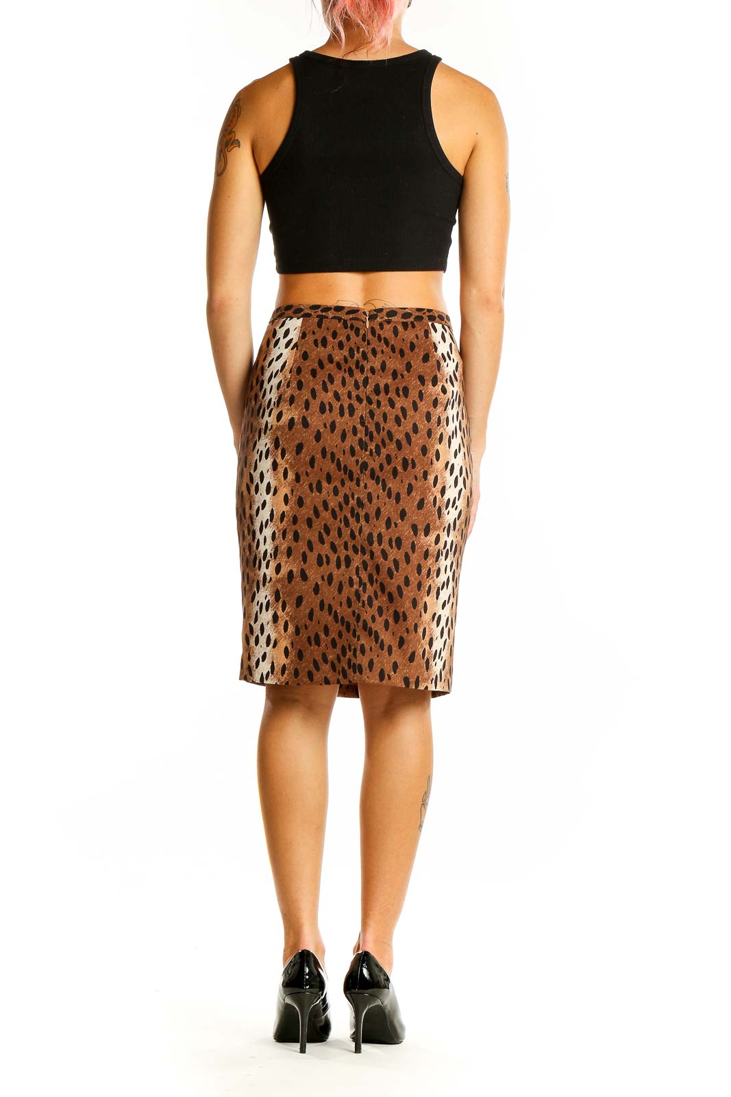 Back view of MICHAEL Michael Kors brown leopard print pencil skirt with black crop top