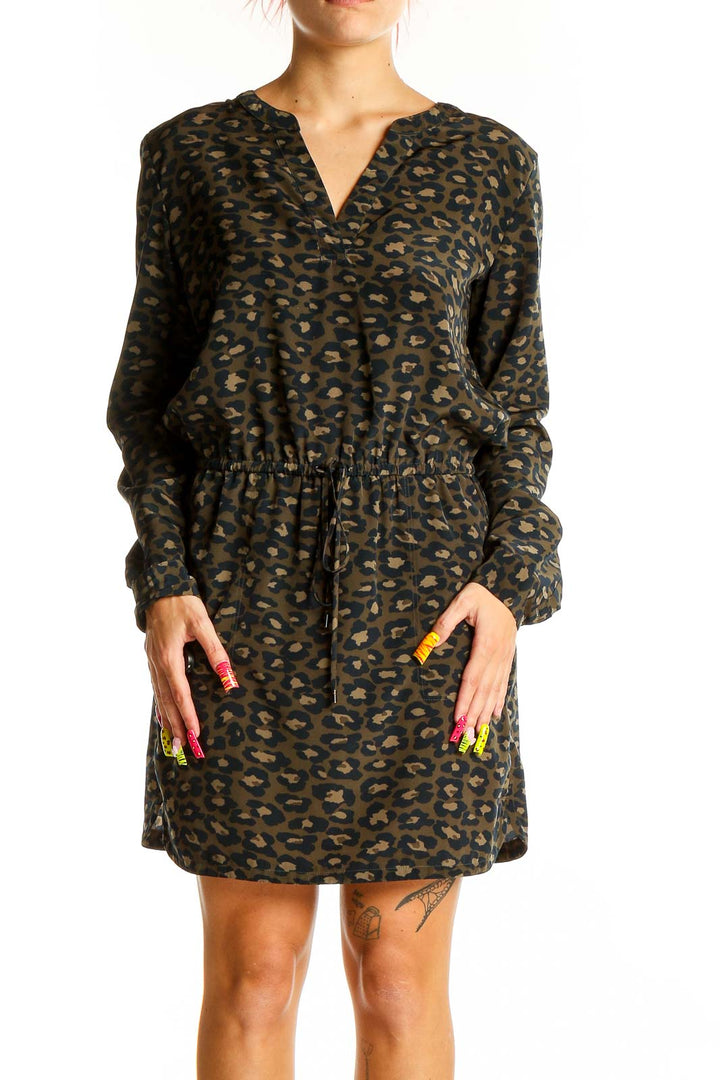 Front view of Banana Republic olive leopard print dress with V-neck and drawstring waist