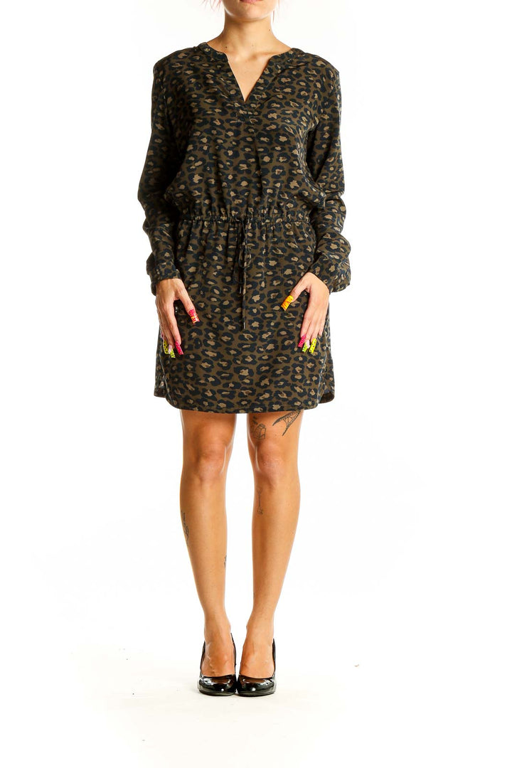 Front view of Banana Republic olive leopard print dress with V-neck and drawstring waist