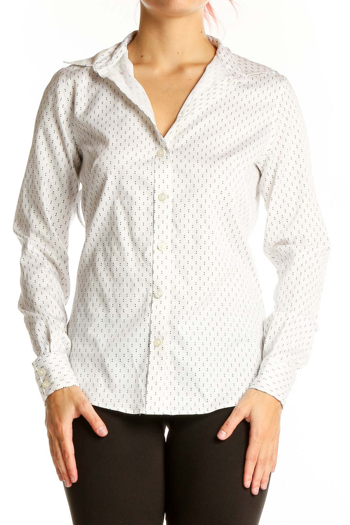 Front view of white Banana Republic button-up shirt with subtle geometric pattern